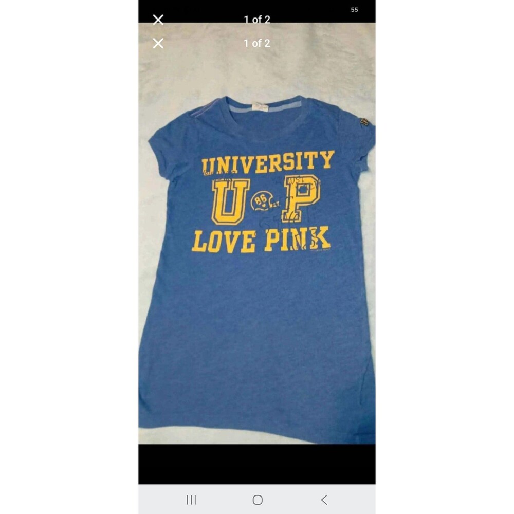 PINK Blue University Graphic Print Crew Neck Short Sleeve T-Shirt Women's XS